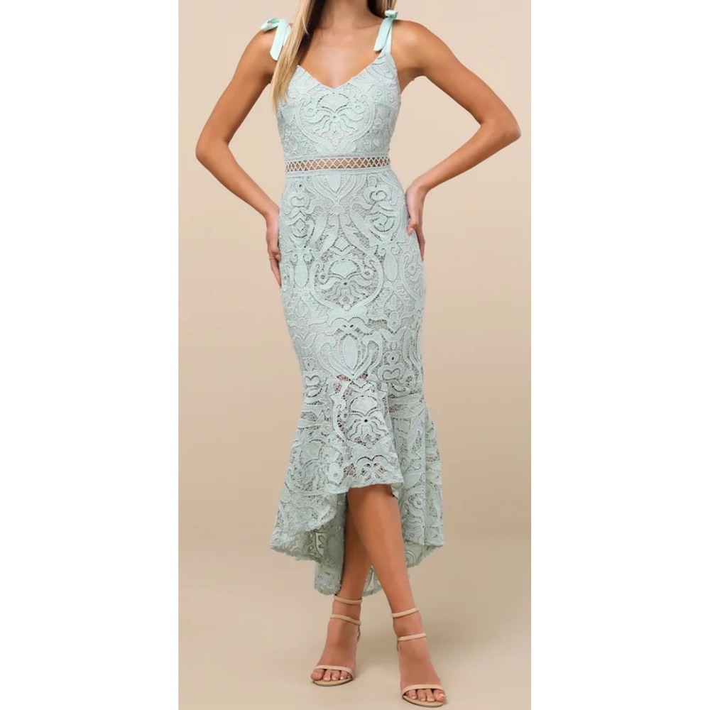 NWT Lulus SZ Medium Won Your Heart Sage Green Lace Tie-Strap High-Low Midi Dress
